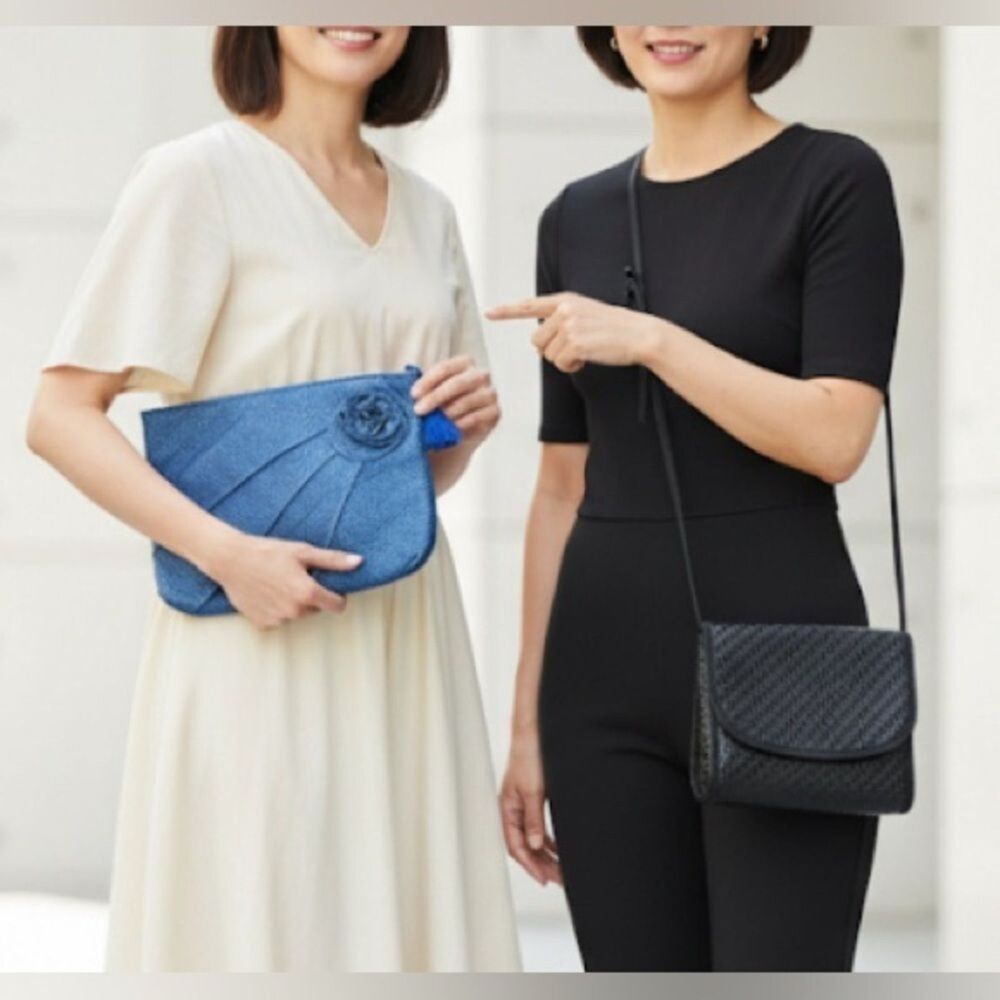 Lot of 2 Vintage Woven Bags VALERIE Blue Clutch W/Flower & ITALY Black Crossbody